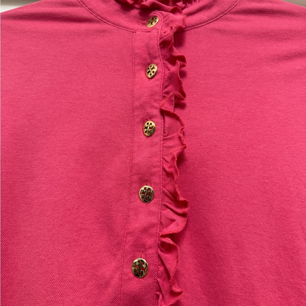 Tory Burch Ruffled Button-Up Pink Polo - Picture 2 of 3